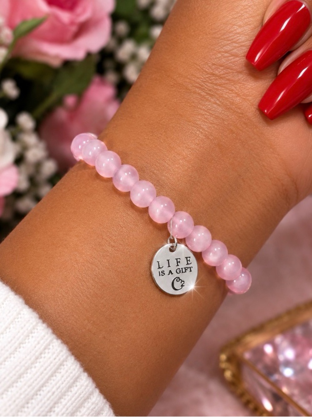 Pink Beaded Bracelet with 'Life Is A Gift' Silver Charm